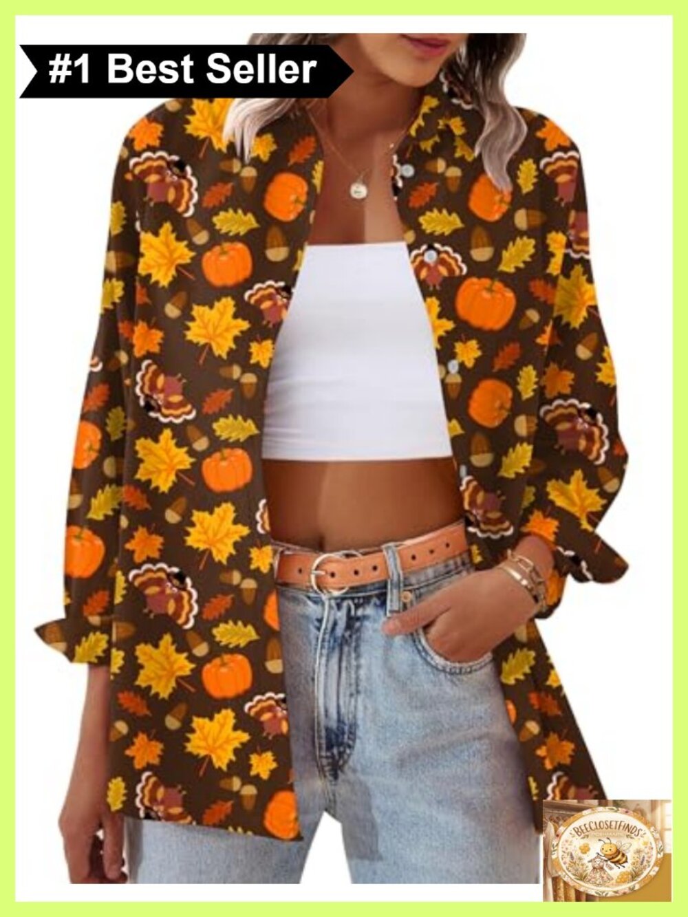Womens Thanksgiving Long Sleeve Button Down Shirt Polyester Blouse